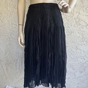 HARARI Black 100% Silk Full Midi Skirt Textured Pleats Asian Art to Wear Size L